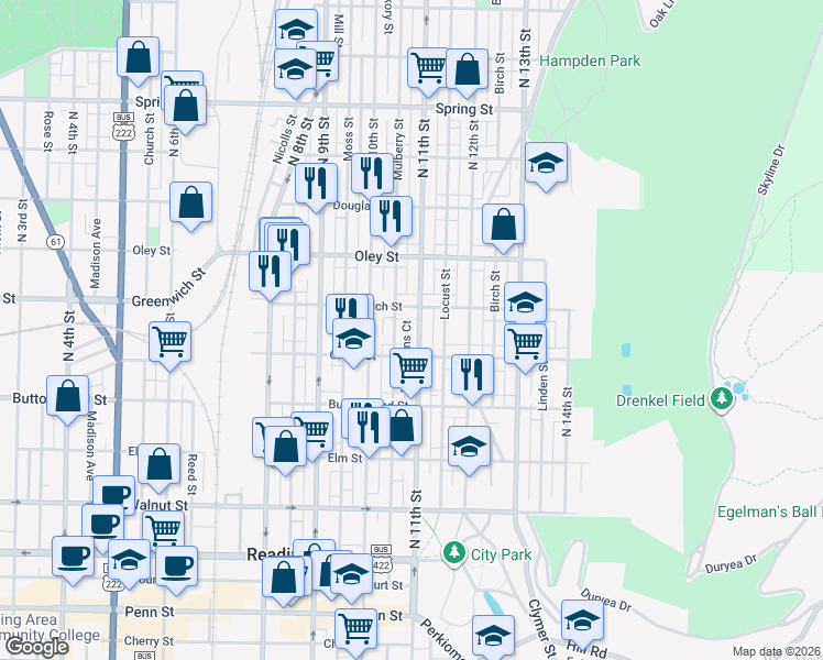 map of restaurants, bars, coffee shops, grocery stores, and more near 1054 East Greenwich Street in Reading