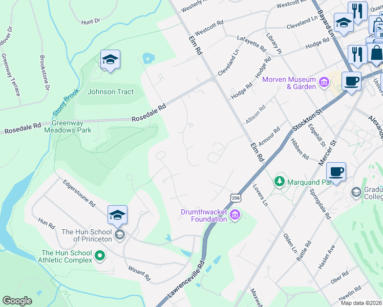 map of restaurants, bars, coffee shops, grocery stores, and more near 32 Constitution Hill West in Princeton
