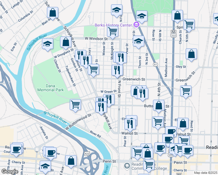 map of restaurants, bars, coffee shops, grocery stores, and more near 537 Weiser Street in Reading