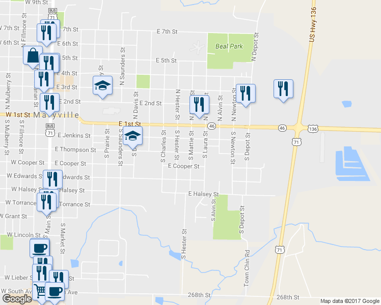 map of restaurants, bars, coffee shops, grocery stores, and more near 298 South Mattie Street in Maryville