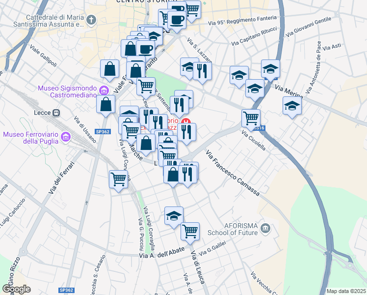 map of restaurants, bars, coffee shops, grocery stores, and more near 26 Via Forlanini in Lecce