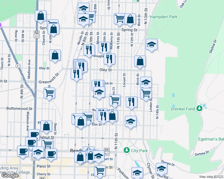 map of restaurants, bars, coffee shops, grocery stores, and more near 1054 East Greenwich Street in Reading