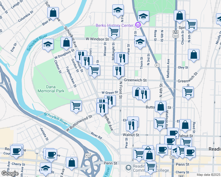map of restaurants, bars, coffee shops, grocery stores, and more near 524 McKnight Street in Reading