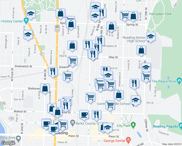 map of restaurants, bars, coffee shops, grocery stores, and more near 527 North 8th Street in Reading