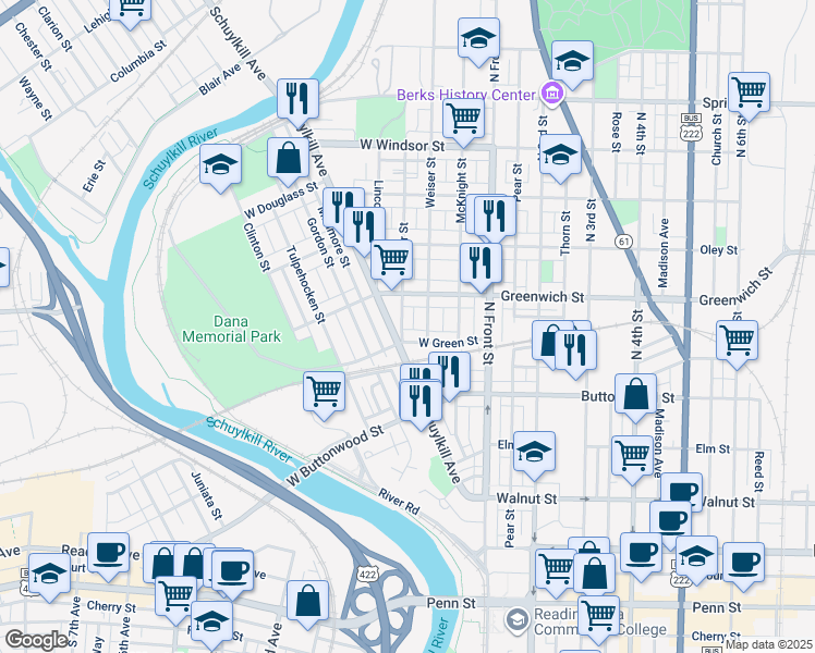 map of restaurants, bars, coffee shops, grocery stores, and more near 515 Ritter St in Reading