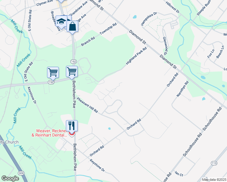 map of restaurants, bars, coffee shops, grocery stores, and more near 121 Acorn Lane in Sellersville
