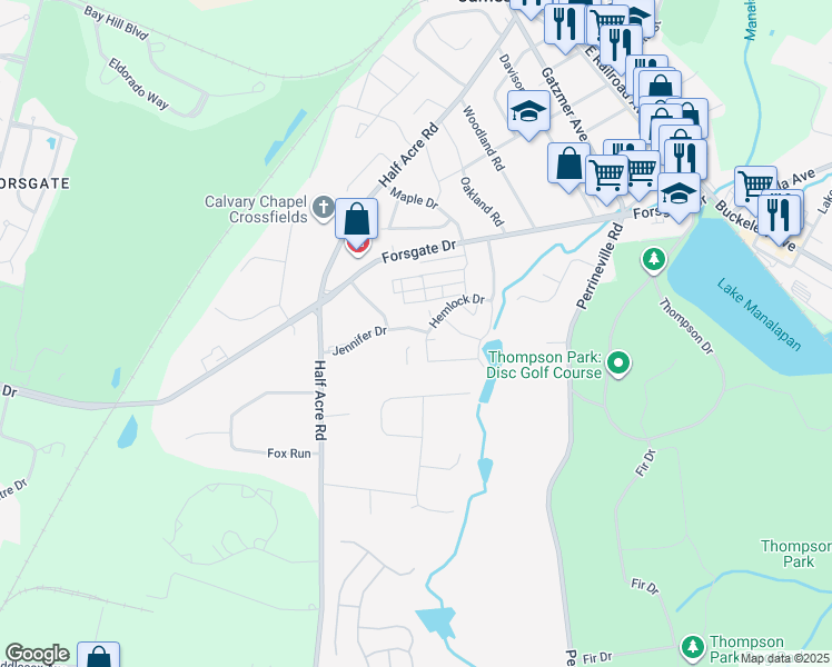 map of restaurants, bars, coffee shops, grocery stores, and more near 34 Hemlock Drive in Jamesburg