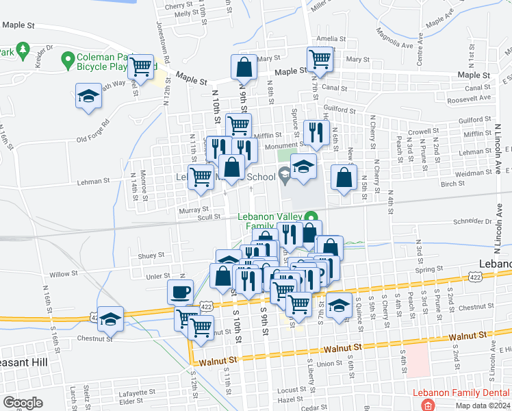 map of restaurants, bars, coffee shops, grocery stores, and more near 316 Old 9th Street in Lebanon