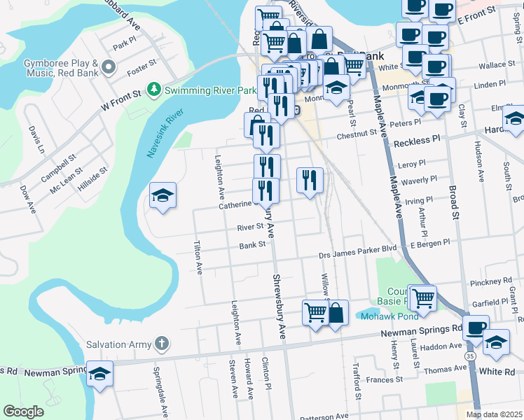 map of restaurants, bars, coffee shops, grocery stores, and more near 224 Shrewsbury Avenue in Red Bank