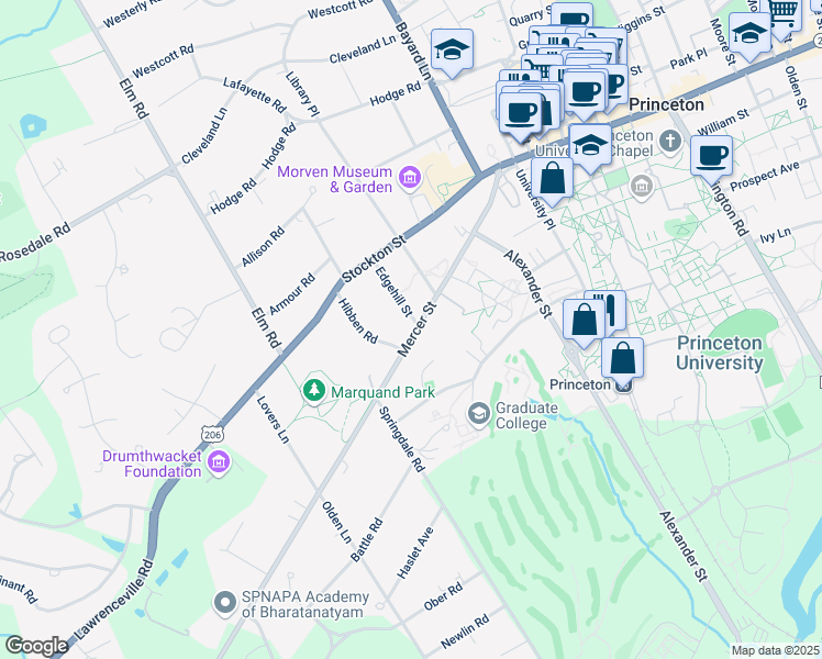 map of restaurants, bars, coffee shops, grocery stores, and more near 95 Mercer Street in Princeton