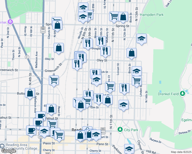 map of restaurants, bars, coffee shops, grocery stores, and more near 542 North 10th Street in Reading