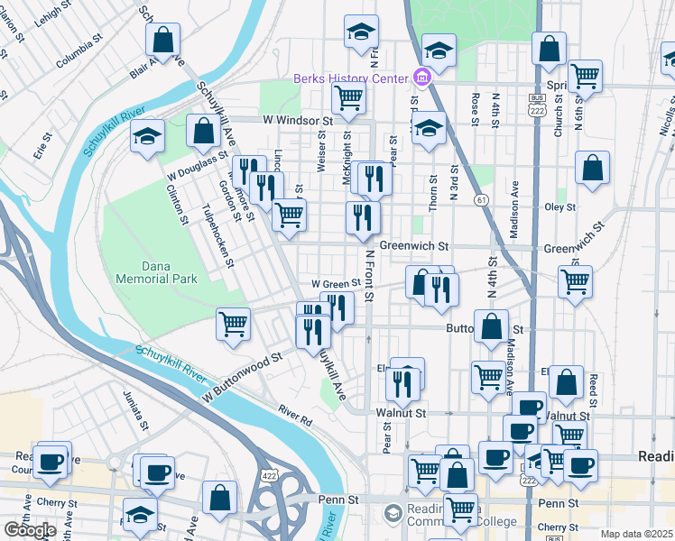 map of restaurants, bars, coffee shops, grocery stores, and more near 524 McKnight Street in Reading