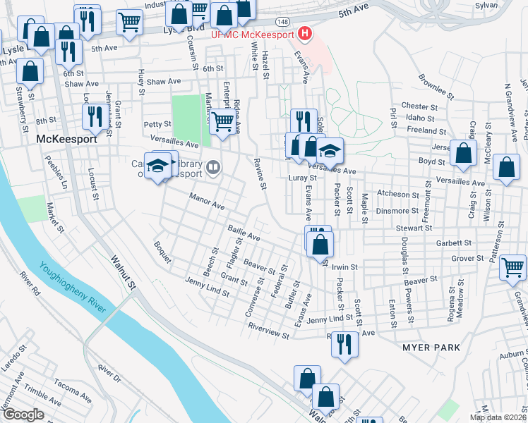 map of restaurants, bars, coffee shops, grocery stores, and more near 1256 Ravine Street in McKeesport
