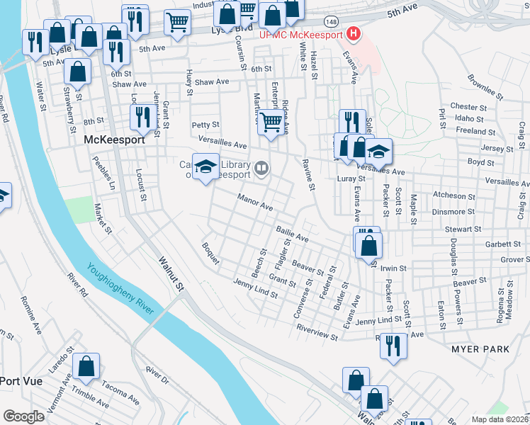 map of restaurants, bars, coffee shops, grocery stores, and more near 1600 Union Avenue in McKeesport