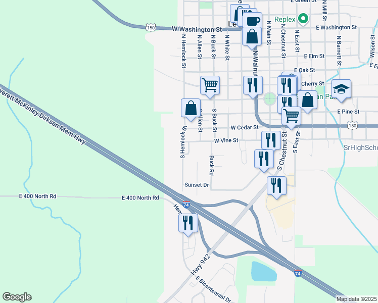 map of restaurants, bars, coffee shops, grocery stores, and more near 600-656 W Vine St in Le Roy