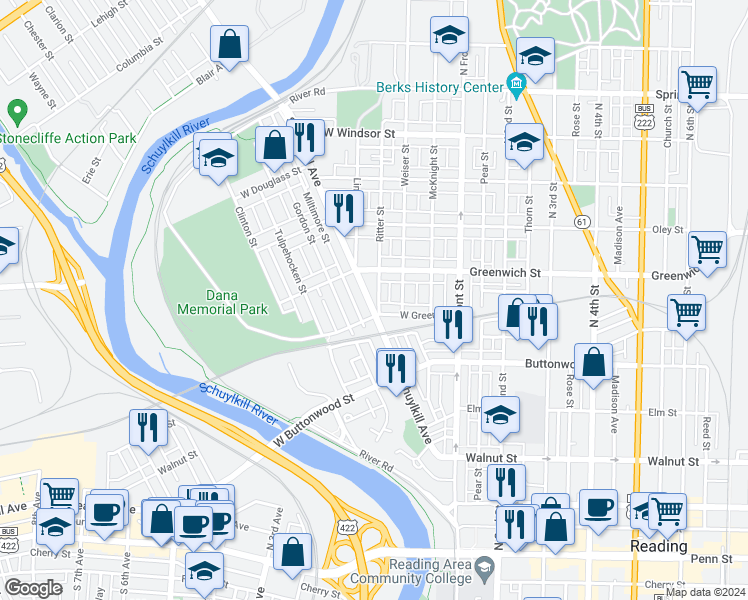 map of restaurants, bars, coffee shops, grocery stores, and more near 519 Schuylkill Avenue in Reading