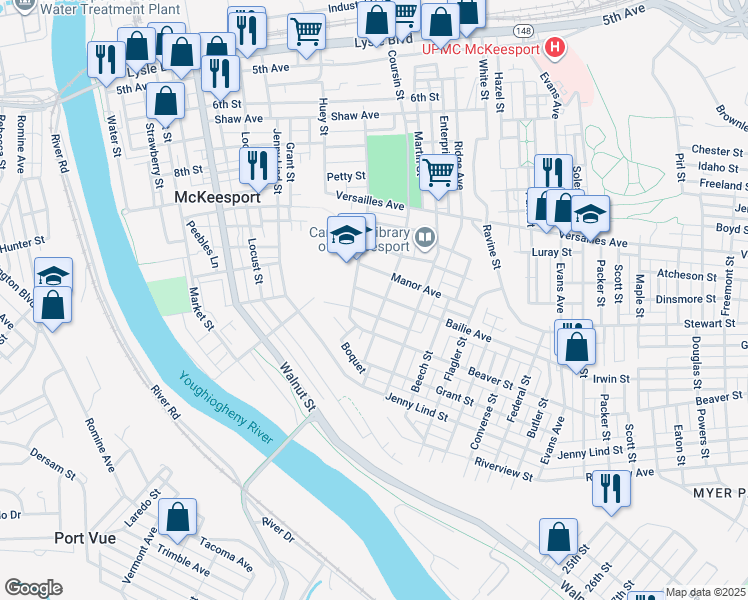 map of restaurants, bars, coffee shops, grocery stores, and more near 1414 Bailie Avenue in McKeesport