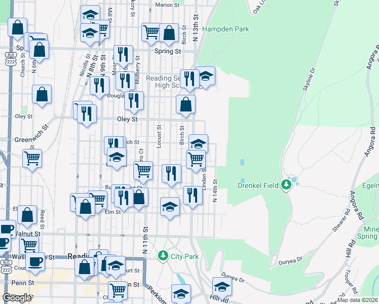 map of restaurants, bars, coffee shops, grocery stores, and more near 544 North 13th Street in Reading