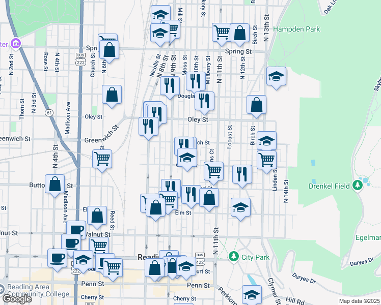 map of restaurants, bars, coffee shops, grocery stores, and more near 542 North 10th Street in Reading