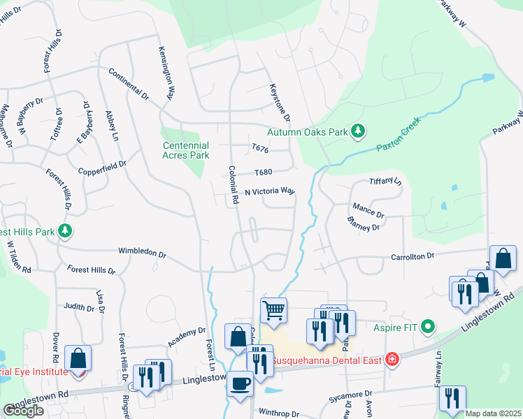 map of restaurants, bars, coffee shops, grocery stores, and more near 4307 Ashdon Drive in Harrisburg