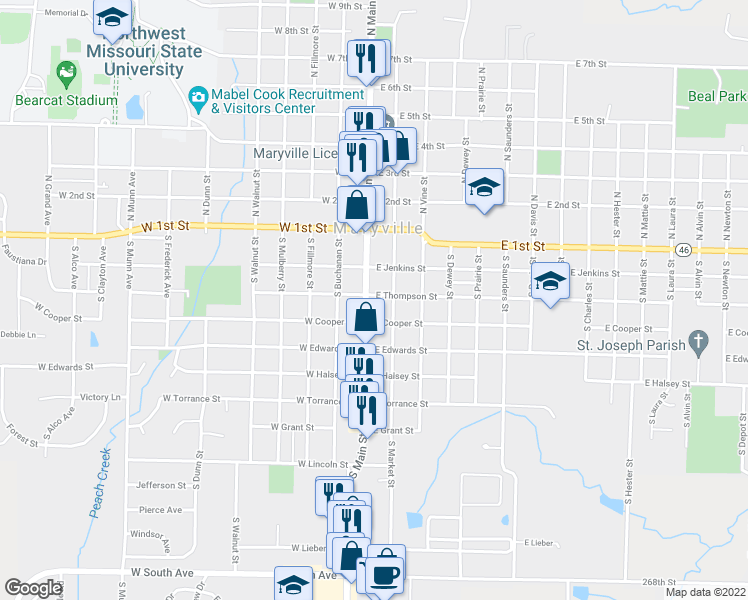 map of restaurants, bars, coffee shops, grocery stores, and more near 101-199 East Thompson Street in Maryville
