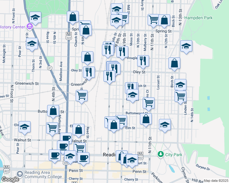 map of restaurants, bars, coffee shops, grocery stores, and more near 532 Cedar Street in Reading