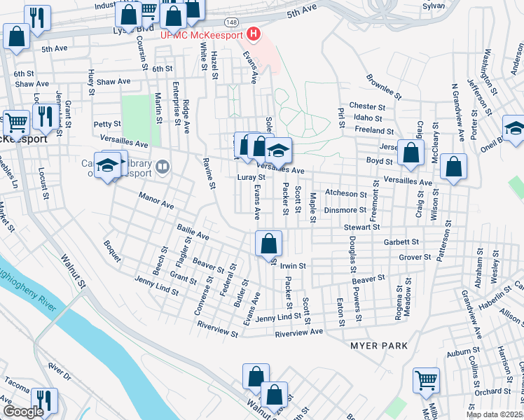 map of restaurants, bars, coffee shops, grocery stores, and more near 2303 Bridge Street in McKeesport