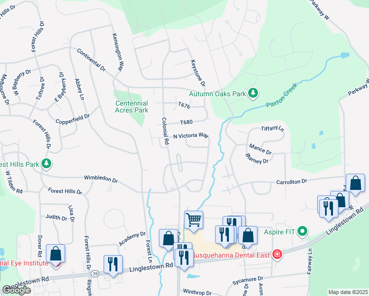 map of restaurants, bars, coffee shops, grocery stores, and more near 4307 Ashdon Drive in Harrisburg