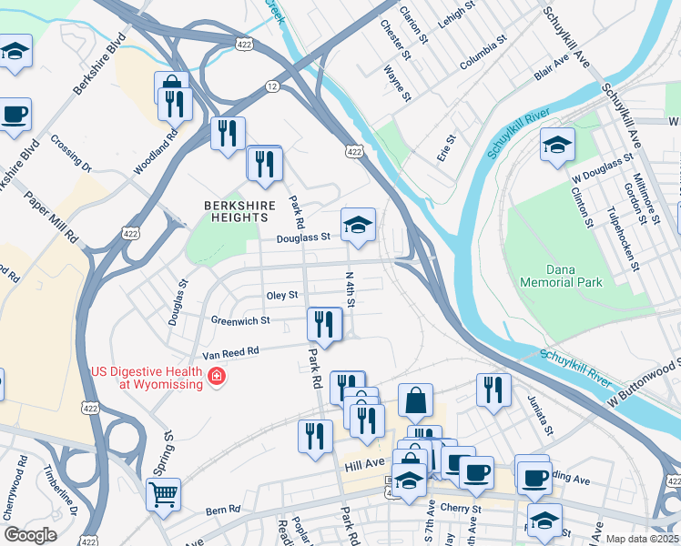 map of restaurants, bars, coffee shops, grocery stores, and more near 400 North Wyomissing Boulevard in Wyomissing