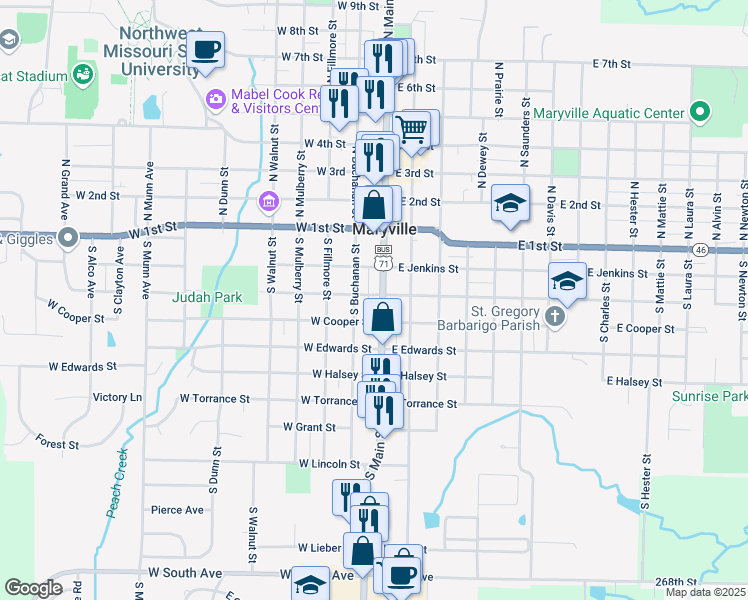 map of restaurants, bars, coffee shops, grocery stores, and more near 302 South Main Street in Maryville