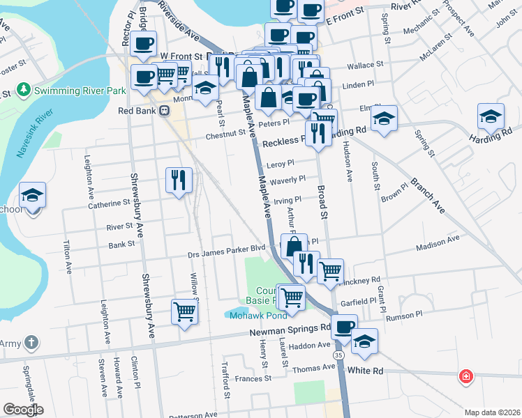 map of restaurants, bars, coffee shops, grocery stores, and more near 200 Maple Avenue in Red Bank