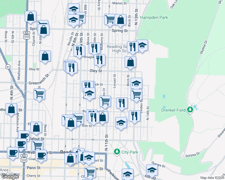 map of restaurants, bars, coffee shops, grocery stores, and more near 548 Locust Street in Reading