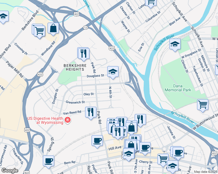map of restaurants, bars, coffee shops, grocery stores, and more near 400 North Wyomissing Boulevard in Wyomissing