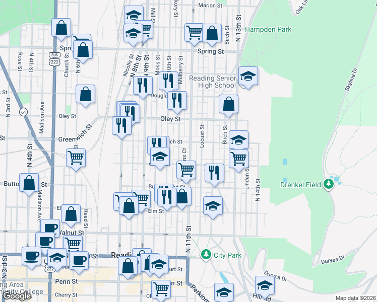 map of restaurants, bars, coffee shops, grocery stores, and more near 1054 East Greenwich Street in Reading