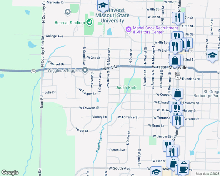 map of restaurants, bars, coffee shops, grocery stores, and more near 800 West Thompson Street in Maryville