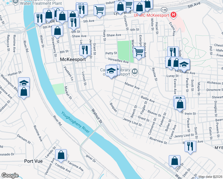 map of restaurants, bars, coffee shops, grocery stores, and more near 1708 Cornell Street in McKeesport