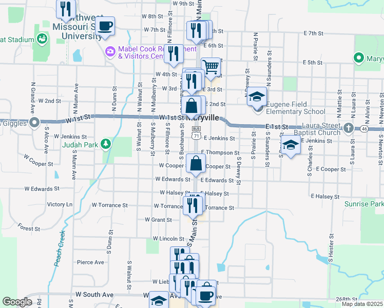 map of restaurants, bars, coffee shops, grocery stores, and more near 302 South Main Street in Maryville