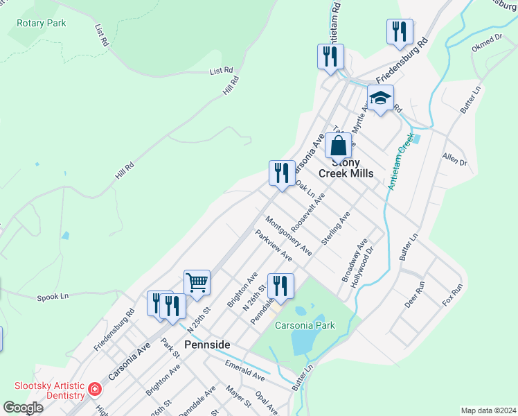 map of restaurants, bars, coffee shops, grocery stores, and more near 1045 Friedensburg Road in Reading