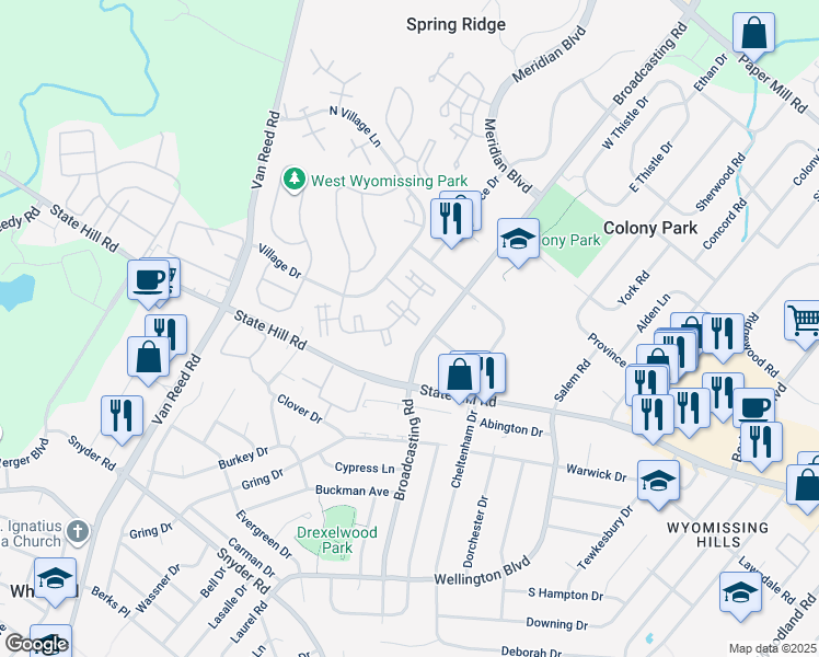 map of restaurants, bars, coffee shops, grocery stores, and more near 134 Hawthorne Court in Wyomissing