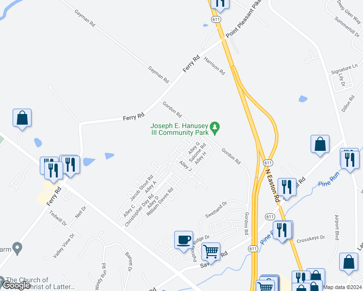 map of restaurants, bars, coffee shops, grocery stores, and more near 3951 Cephas Child Road in Doylestown