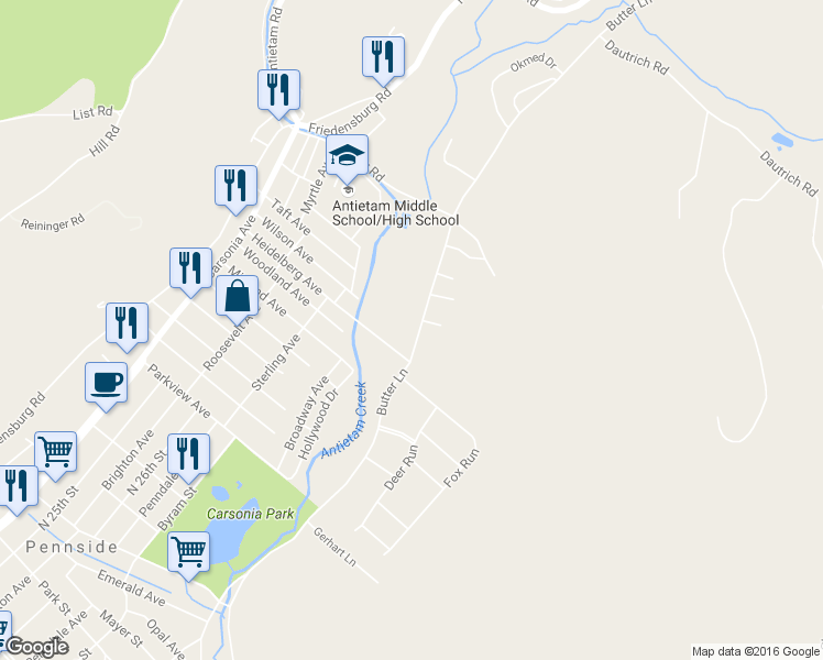 map of restaurants, bars, coffee shops, grocery stores, and more near 1315 Butter Lane in Reading