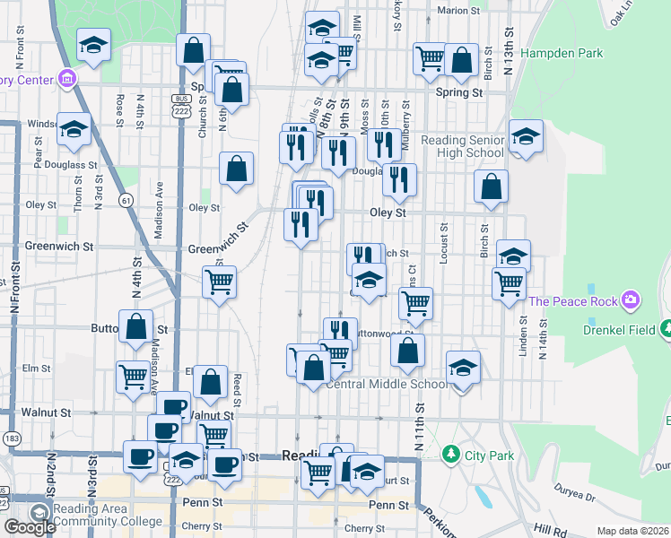 map of restaurants, bars, coffee shops, grocery stores, and more near 543 North 9th Street in Reading