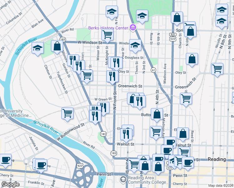 map of restaurants, bars, coffee shops, grocery stores, and more near 135 Hudson Street in Reading