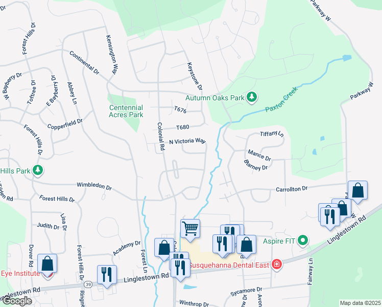 map of restaurants, bars, coffee shops, grocery stores, and more near 4315 Ashdon Drive in Harrisburg