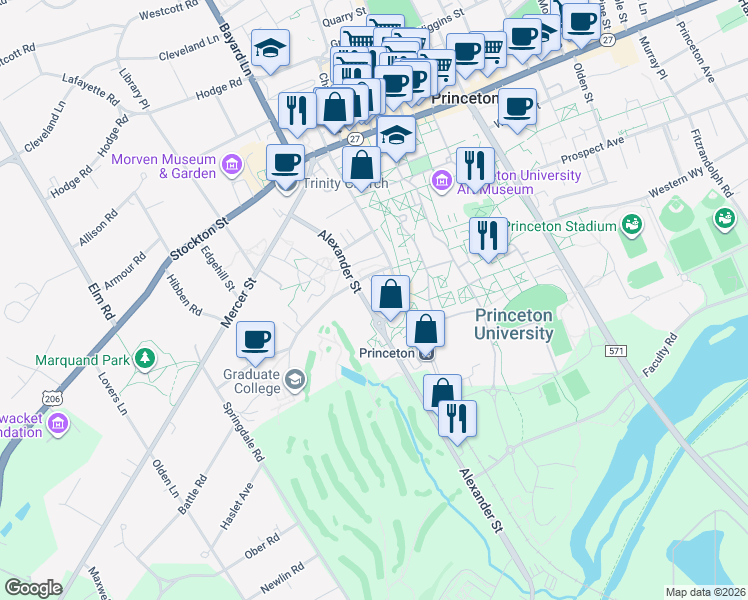 map of restaurants, bars, coffee shops, grocery stores, and more near 78 Alexander Street in Princeton