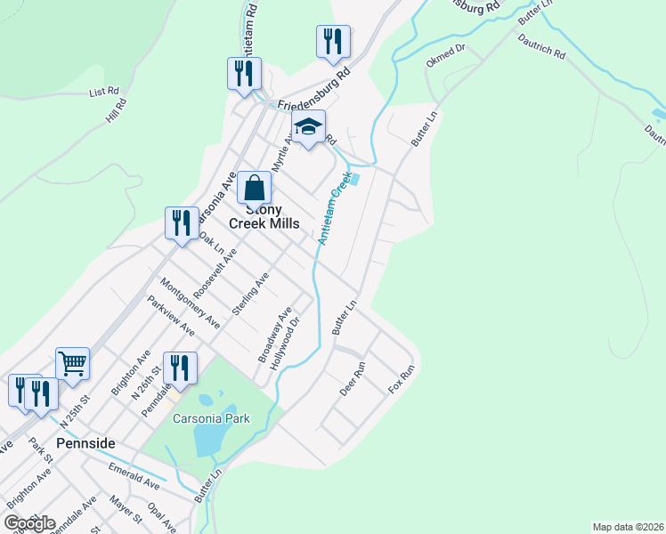 map of restaurants, bars, coffee shops, grocery stores, and more near 501 Heidelberg Avenue in Reading