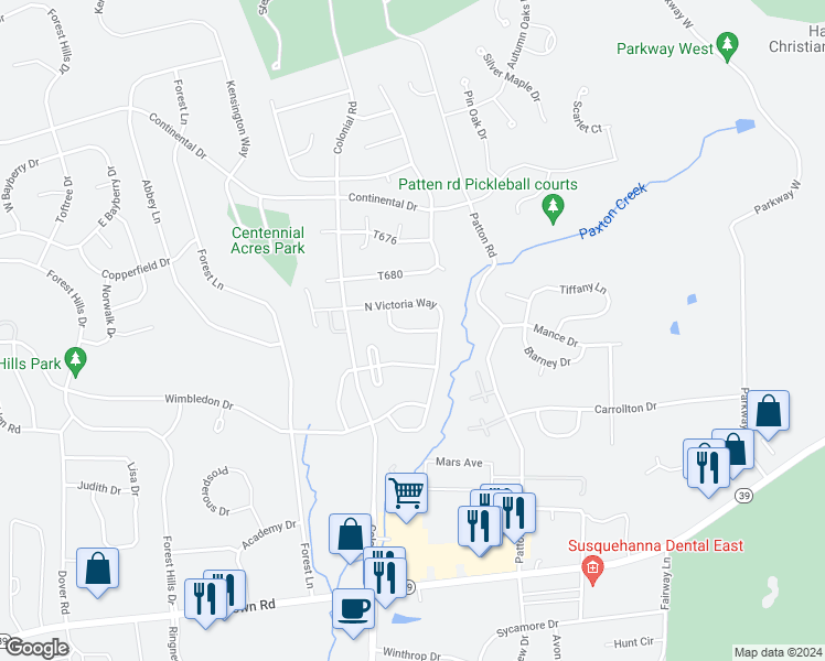 map of restaurants, bars, coffee shops, grocery stores, and more near Ashdon Drive in Harrisburg
