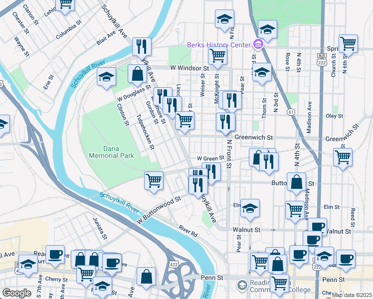 map of restaurants, bars, coffee shops, grocery stores, and more near 533 Schuylkill Avenue in Reading
