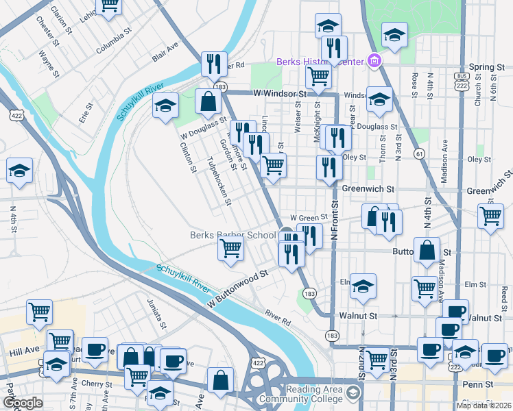 map of restaurants, bars, coffee shops, grocery stores, and more near 547 Gordon St in Reading