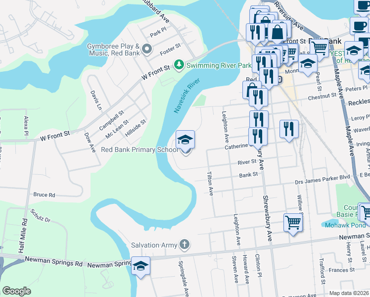 map of restaurants, bars, coffee shops, grocery stores, and more near 222 River Street in Red Bank